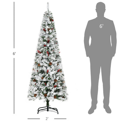 6 Foot Pencil Snow Flocked Artificial Christmas Tree With 600 Pine Realistic Branches, Pine Cones, Red Berries - view 6
