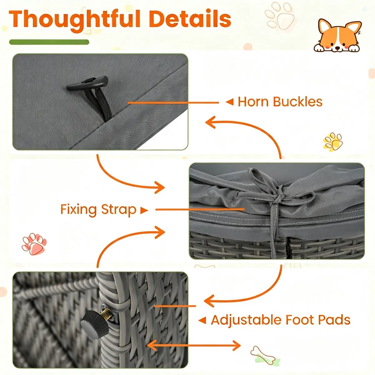Gray Hand-Woven PE Rattan Dog Bed with Adjustable Canopy, Elevated Outdoor Pet Daybed with Washable Plush Cushion - view 4