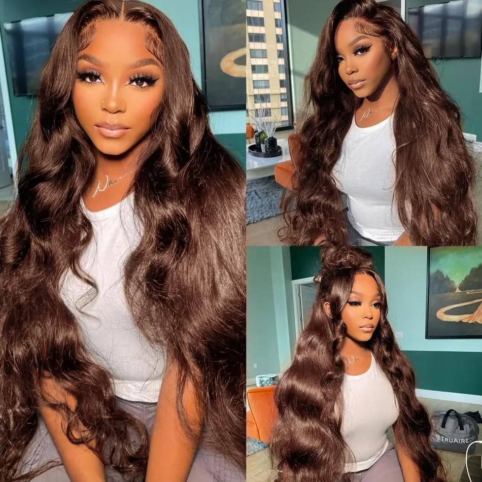 Chocolate Brown 13x4 Lace Front Wig Human Hair Color 4 Body Wave Density - view 3