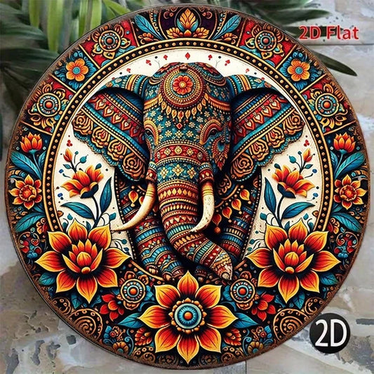 1pc 8x8in Vintage Elephant Decorative Plaque, Decorative Plaque, 2D Flat Round Sign Indian Style Wall Art