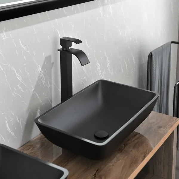 14.38" L -22.25" W -4.38" H Matte Shell Glass Rectangular Vessel Bathroom Sink in Black with Faucet and Pop-Up Drain - view 3