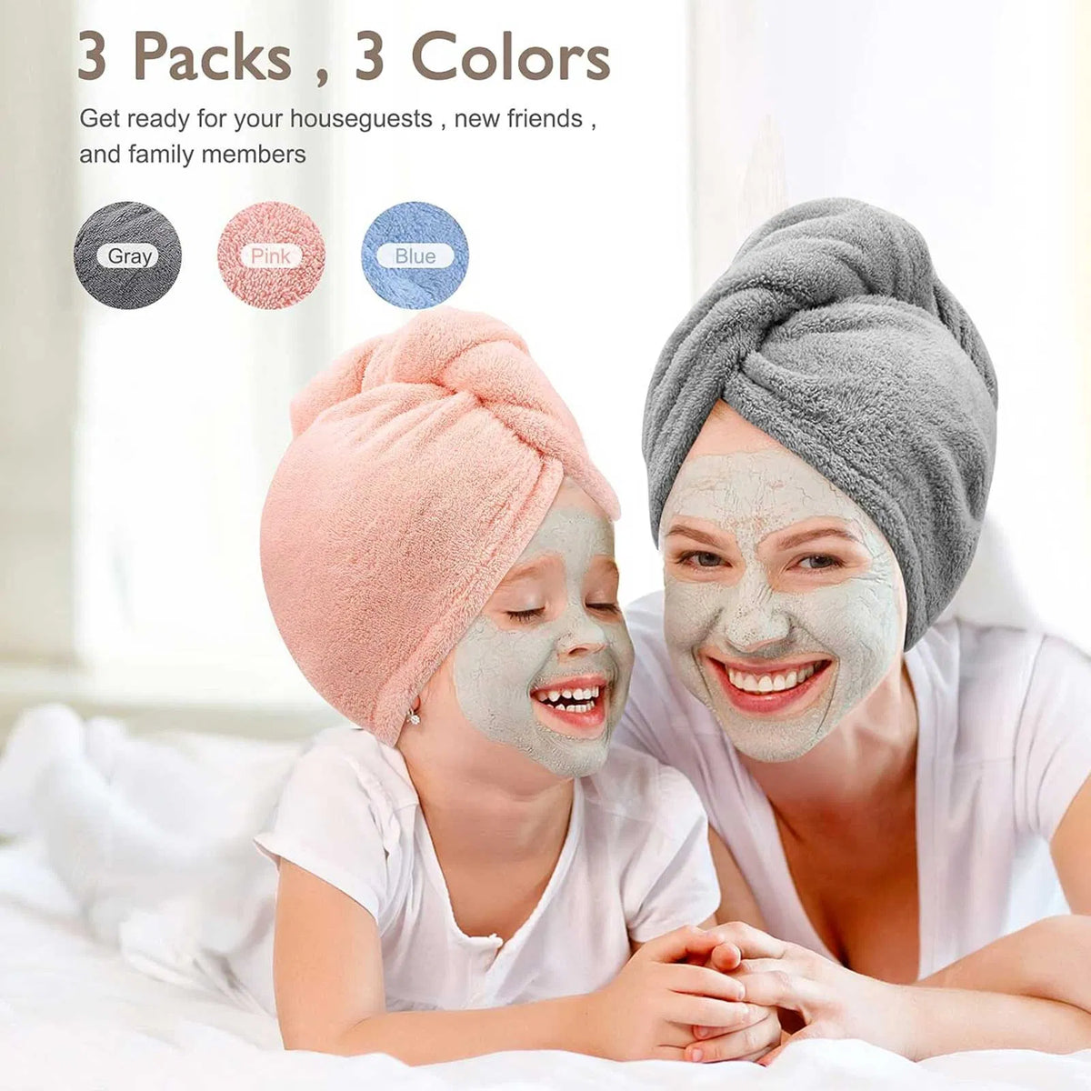 Women 3 PC Microfiber Hair Towel Wrap Ultra Absorbent Hair Turbans For Curly, Long & Thick Hair Blue,Grey,Pink - view 3