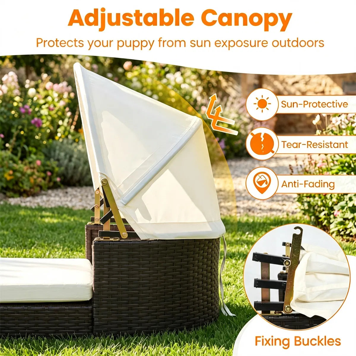 Hand-Woven PE Rattan Dog Bed with Adjustable Canopy, Elevated Outdoor Pet Daybed with Washable Plush Cushion - view 7