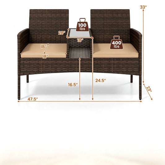 2-Seat PE Wicker Patio Loveseat Set, Outdoor Rattan Sofa with 2-Tier Tempered Glass Table - view 2