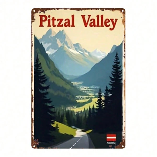 1pc 2D Flat Metal Sign Austrian Pitz Valley Scenic Painting Square Iron Wall Art 8x12 Inch For Home Bar Garage Club