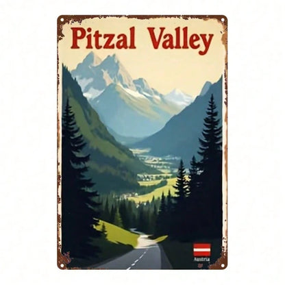 1pc 2D Flat Metal Sign Austrian Pitz Valley Scenic Painting Square Iron Wall Art 8x12 Inch For Home Bar Garage Club