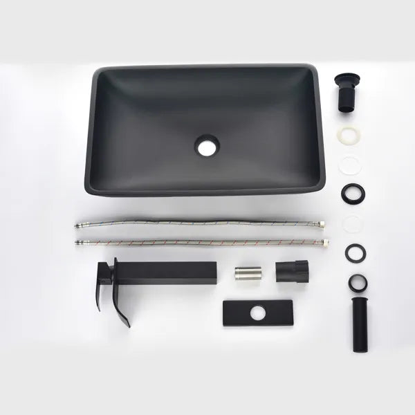 14.38" L -22.25" W -4.38" H Matte Shell Glass Rectangular Vessel Bathroom Sink in Black with Faucet and Pop-Up Drain
