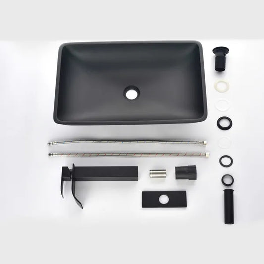 14.38" L -22.25" W -4.38" H Matte Shell Glass Rectangular Vessel Bathroom Sink in Black with Faucet and Pop-Up Drain