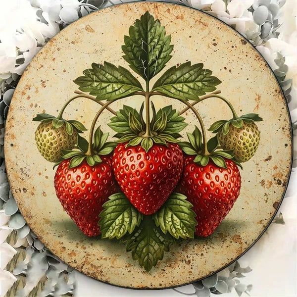 1pc Vintage Fresh Strawberry 2D Flat Round Sign 8x8in, "x8in" Retro Fruit
