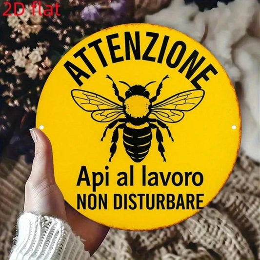 Vintage Bee Warning Sign 8x8 Inch, 2D Flat Round Decorative Plaque For Garden Farm Beehive Kitchen Office Studio Wall - view 2