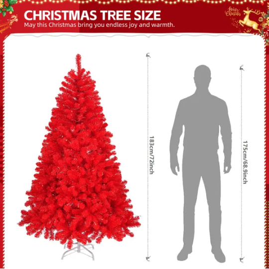 6 FT Artificial Christmas Tree, Unlit Hinged Christmas Pine Tree With 800 Branch Tips And Sturdy Metal Stand, Red