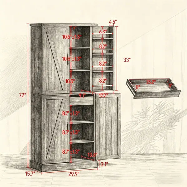 Rustic Barn Style Storage Cabinet With Adjustable Shelves 29.9 Inches X 15.7 Inches X 72 Inches For Kitchen - view 3