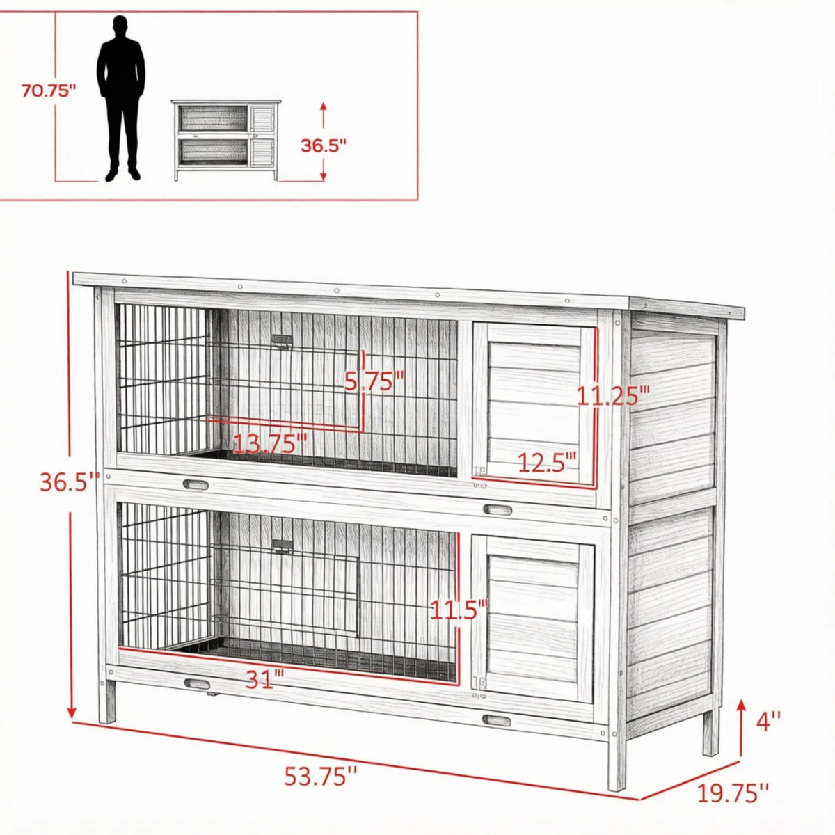 54" 2-Story Large Rabbit Hutch, Bunny Cage, Wooden Pet House, Small Animal Habitat, Gray with Lockable Doors, Tray, Roof - view 5