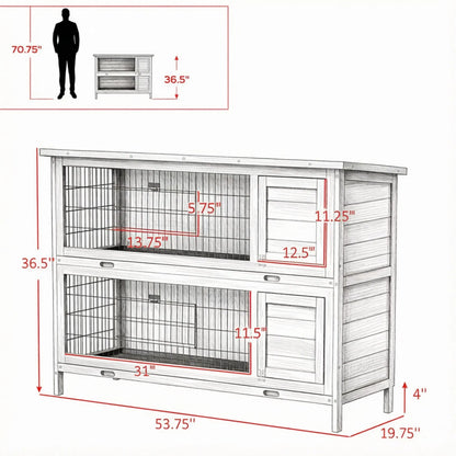 54" 2-Story Large Rabbit Hutch, Bunny Cage, Wooden Pet House, Small Animal Habitat, Gray with Lockable Doors, Tray, Roof - view 5