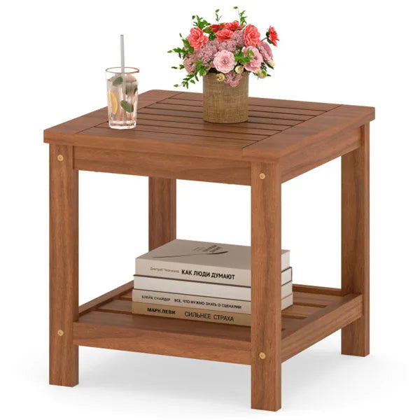 Versatile 2-Tier Wooden Side Table, Easy Assembly Nightstand For Garden Living Room Poolside