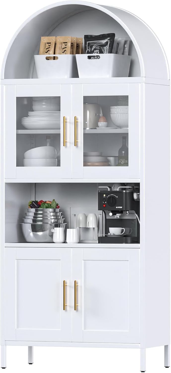 73 In Tall Metal Arched Cabinet, Kitchen Pantry Cabinet With Glass Door