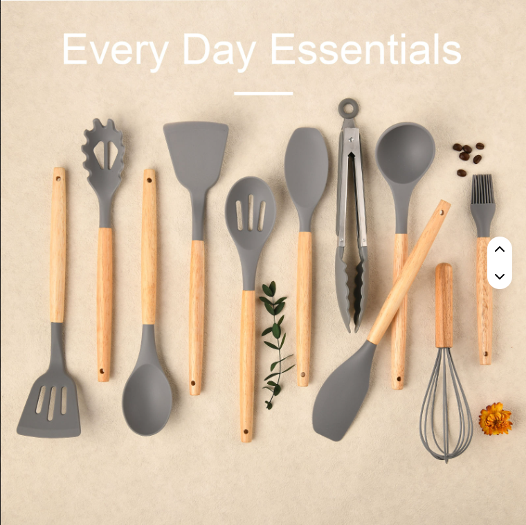 Non-Stick Silicon 12 Pcs Heat Resistant Wooden Handle Kitchen Cooking Utensils Set, Gray Color - view 6