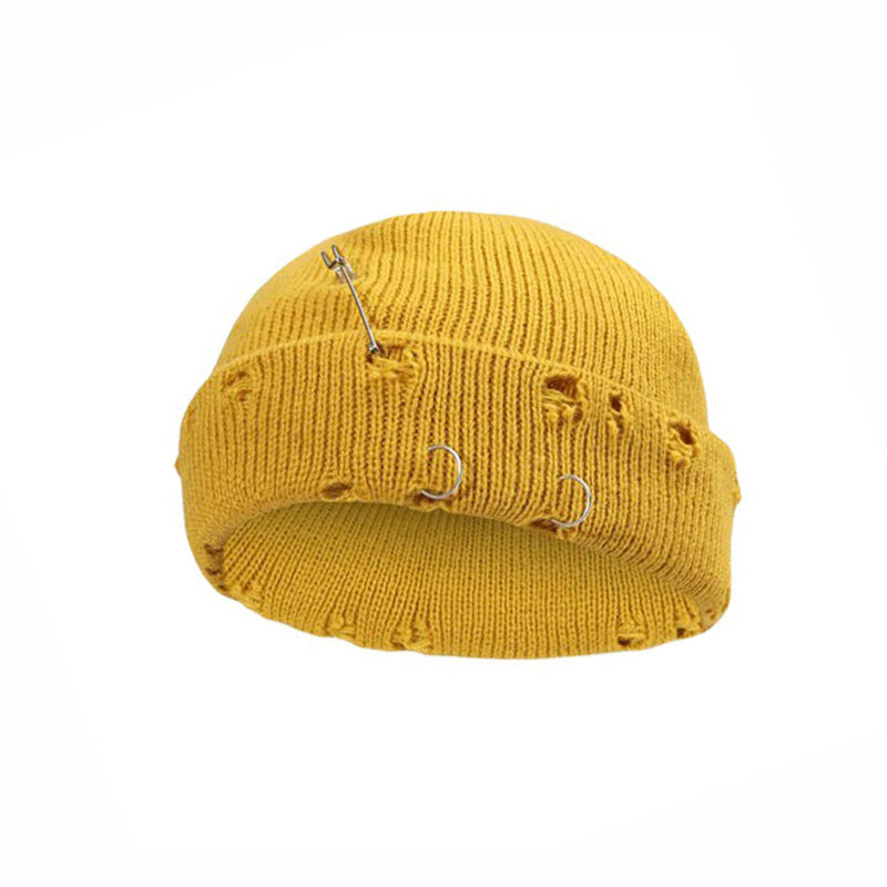 Iron Ring Pin Ripped Knit Beanie - view 7