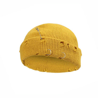 Iron Ring Pin Ripped Knit Beanie - view 7