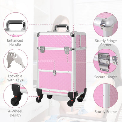 Makeup Train Case Portable Aluminum Rolling Cosmetic Organizer Trolley 4 Wheels Pink Salon Beauty Jewelry Storage - view 4