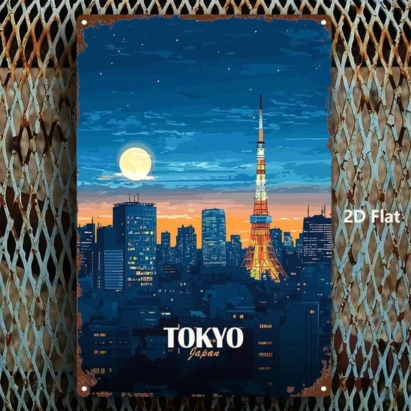 1pc Tokyo Japan Cityscape Metal Sign, 8x12 Inch Rustic Iron Wall Art - view 3