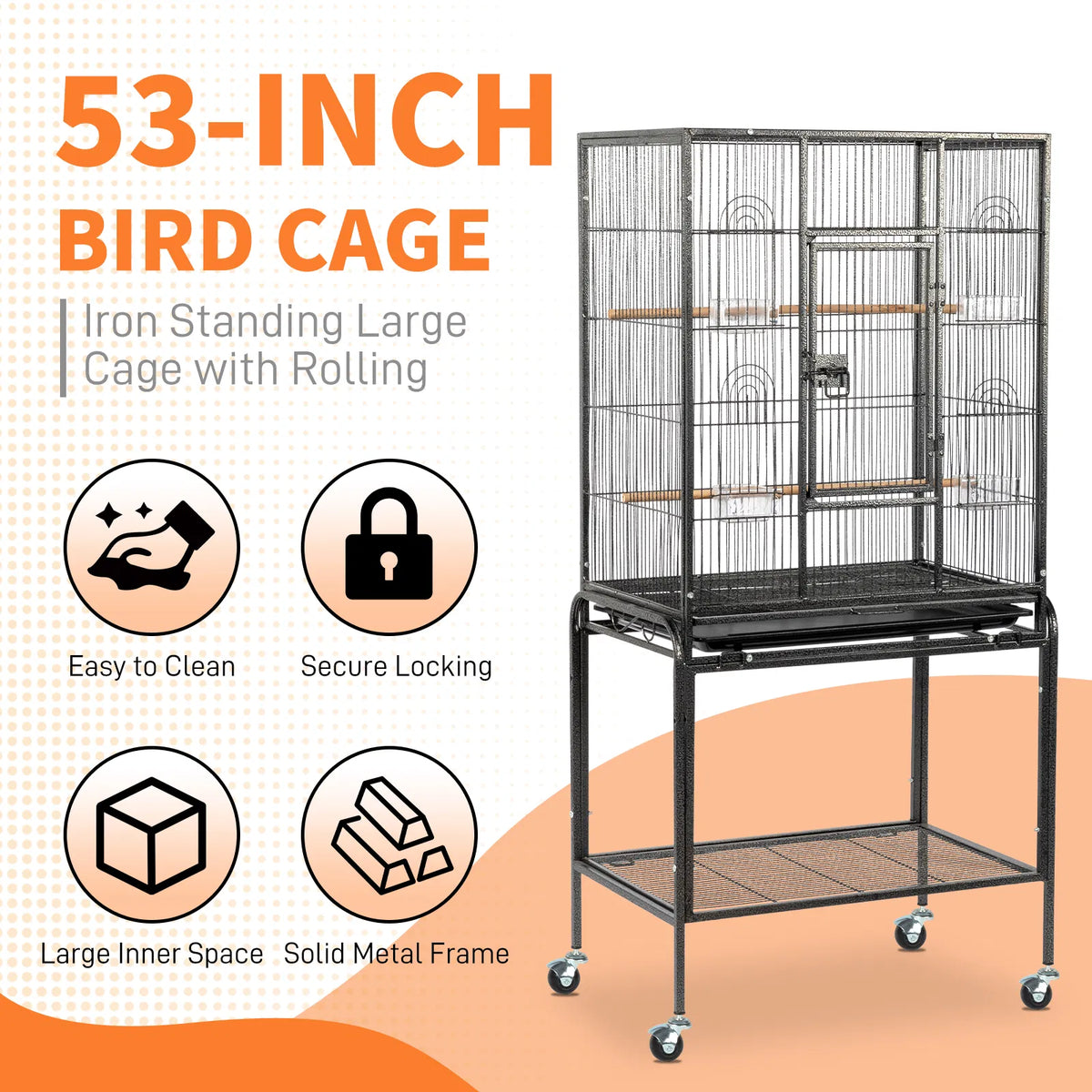 53" Large Flight Bird Cage with Rolling Stand & Storage Shelf for Parrots Lovebird Cockatiel Parakeets, Black - view 8
