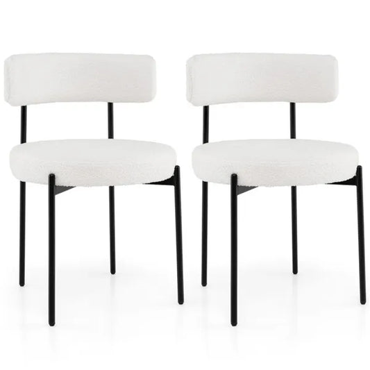 2 PCS White Sherpa Upholstered Dining Chair, Ergonomic Curved Backrest & Wide Round Seat