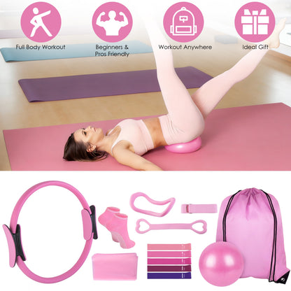 14Pcs All-in-One Pilates Kit, Pilates Ring Yoga Ball Resistance Bands Set With Carry Bag