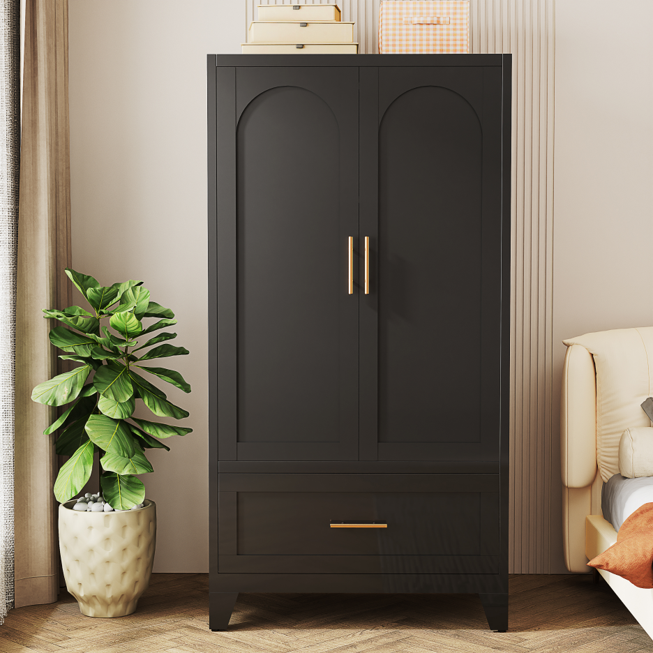60inch Tall Metal Wardrobe Cabinet With 1 Drawer And Hanging Rod, 2 Doors Wardrobe Closet With Shelf For Bedroom - view 4