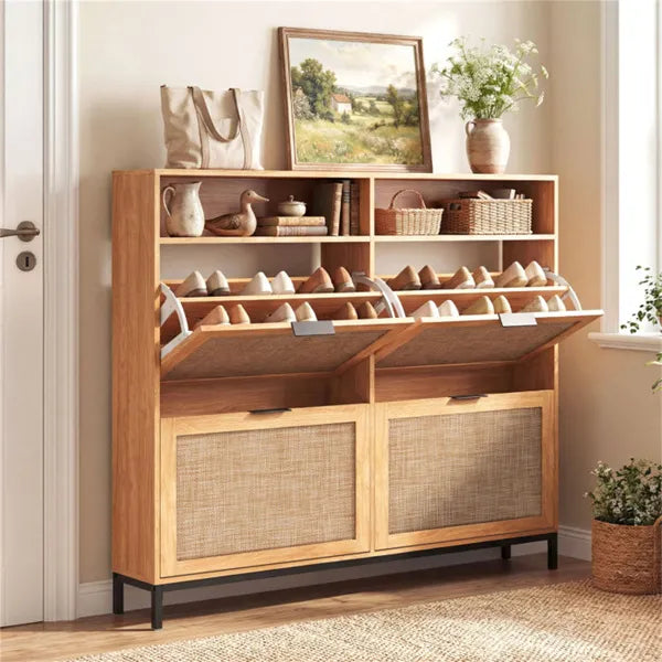 Boho Style Shoe Cabinet Cabinet With 4 Flip Drawers & Open Shelves, Freestanding Shoe Organizer For Entryway - view 2