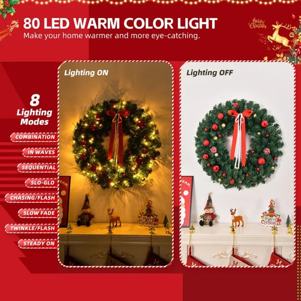36in Pre-lit Battery Powered Christmas Wreath, Lighted Artificial Xmas Wreath With 80 Warm Lights And 270 PVC Tips - view 2