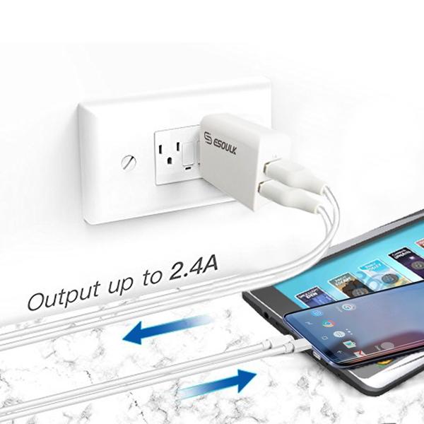 Esoulk 12W 2.4A Dual USB Travel Wall Charger With 5FT Type-C Charging Cable