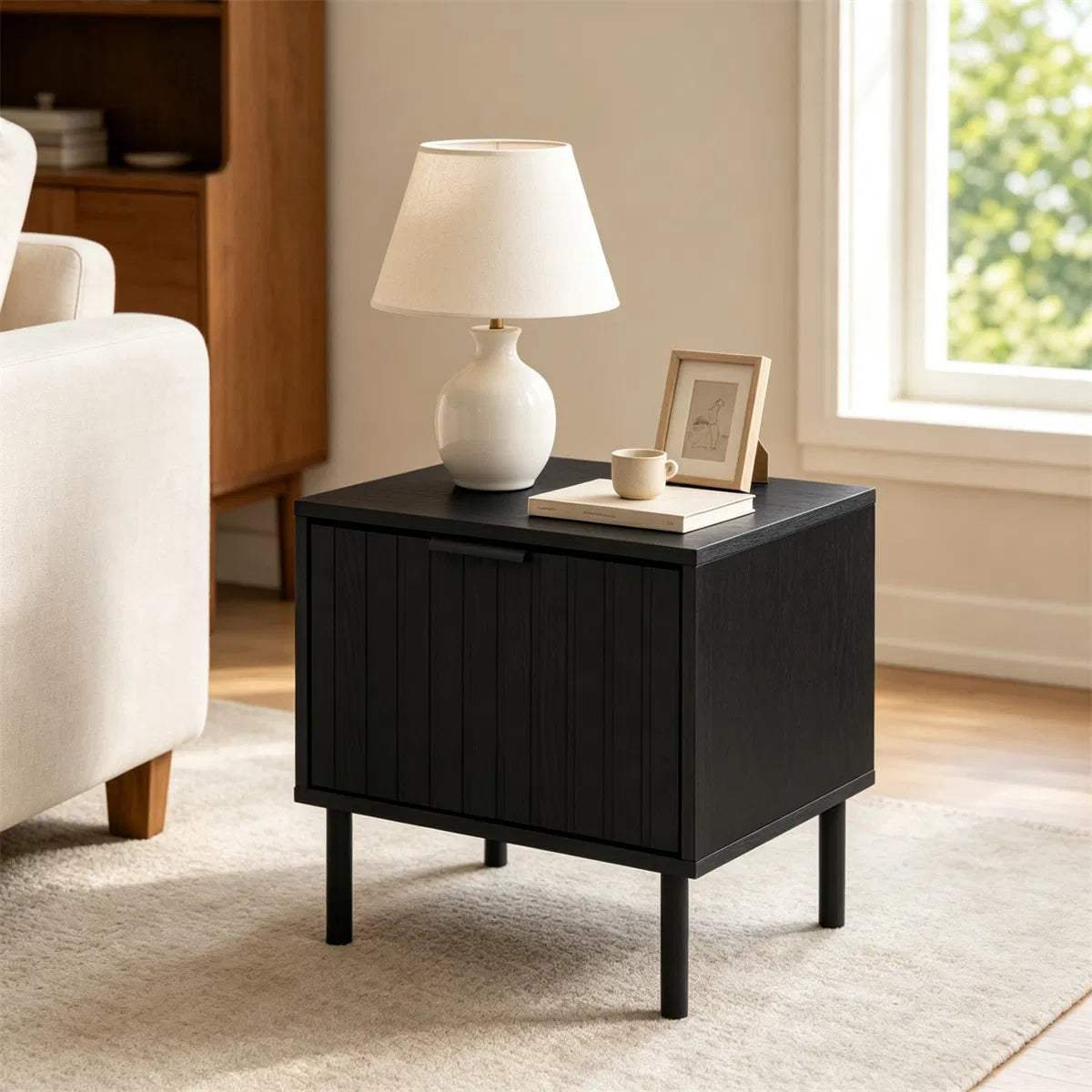 Black Fluted Drawer Nightstand Set of 2, Engineered Wood Metal Side End Table with Adjustable Foot Pads - view 10
