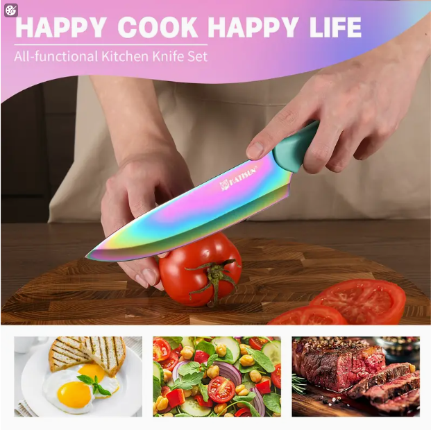14-Piece Rainbow Colored High Carbon Stainless Steel Kitchen Knife Set, Titanium Coated Blade, Rust-Free & Super Sharp - view 5