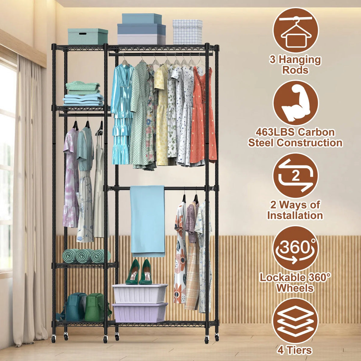 4 Tier Heavy Duty Garment Rack With Wheels Carbon Steel Clothing Rack Portable Wardrobe Clothes Rack With 3 Hanging - view 3