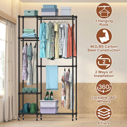 4 Tier Heavy Duty Garment Rack With Wheels Carbon Steel Clothing Rack Portable Wardrobe Clothes Rack With 3 Hanging - view 3