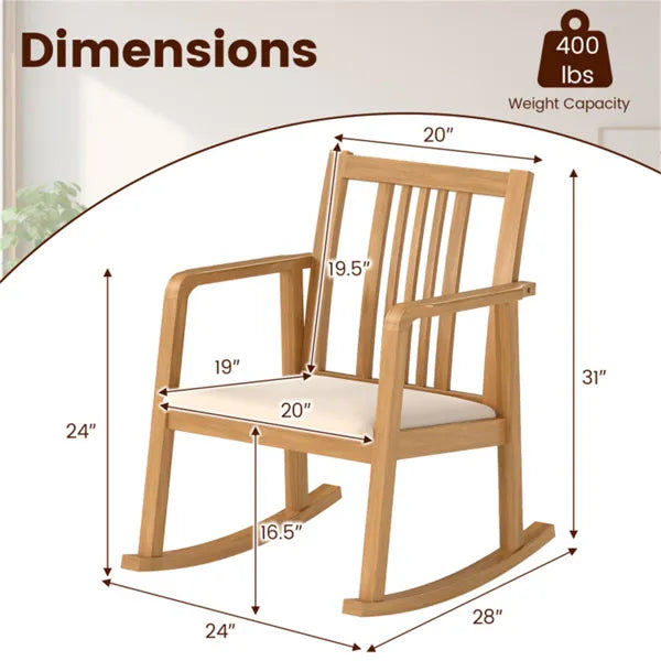 Solid Rubber Wood Rocking Chair, 400 LBS Weight Capacity Indoor Lounge Chair With Linen Cushion-Natural - view 3