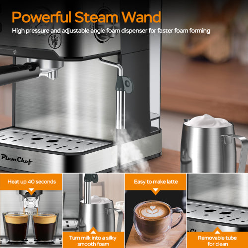 20 Bar Professional Espresso Machine With Milk Frother, Single & Double Shot, ESE Pod Compatible, Pressure Display - view 3