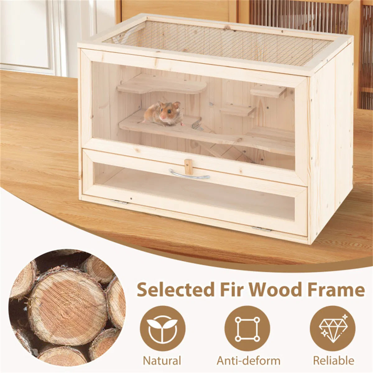 Fir Wood Hamster Cage with Flip Roof, Multi-Ladder Activity Areas for Guinea Pigs Hedgehogs - view 4