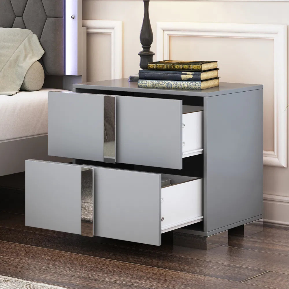 Elegant Nightstand With Metal Foot, Mirrored Bedside Table With 2 Drawers For Bedroom, Living Room, Gray - view 6