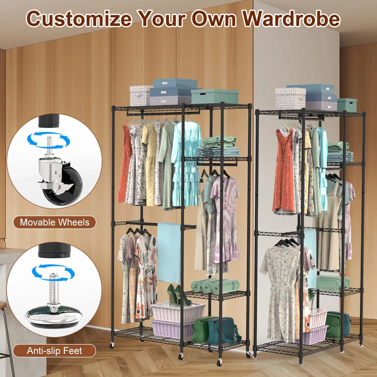 4 Tier Heavy Duty Garment Rack With Wheels Carbon Steel Clothing Rack Portable Wardrobe Clothes Rack With 3 Hanging - view 8