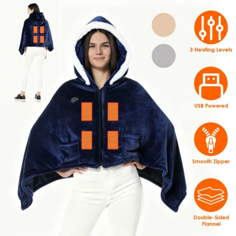 Wearable Heated Throw Blanket Double-Sided Flannel Portable Electric Heating Hoodie For Women Men Machine Washable - view 4
