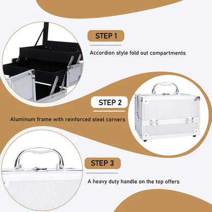 SM-2176 Aluminum Makeup Train Case Jewelry Box Cosmetic Organizer With Mirror 9' x6' x6' Silver - view 2