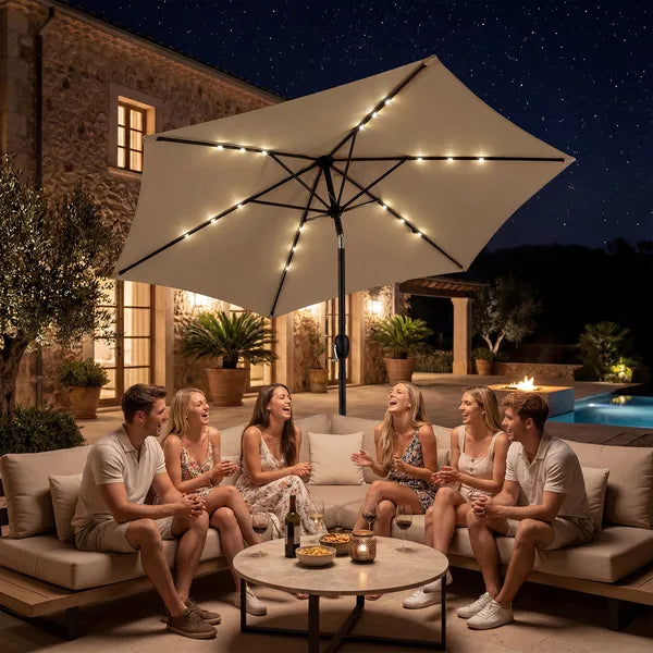 9ft Solar Patio Umbrella With LED Lights, Outdoor Market Table Umbrella With Push Button Tilt & Crank - view 3