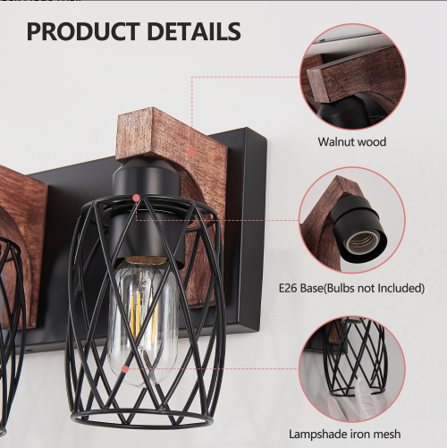 18inch Industrial Vintage 3-Light Wall Sconce - Black Cage Wall Lighting Fixture With Wooden Accents For Bathroom - view 2