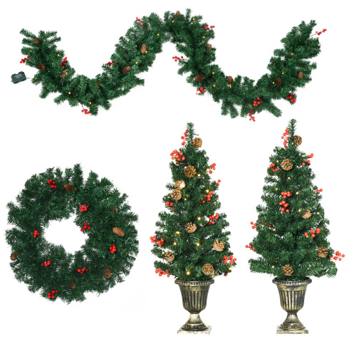 HOMCOM Prelit Holiday Christmas 4-Piece Set, Garland Wreath And Set Of 2 Entrance Trees With Warm White LED Lights - view 3