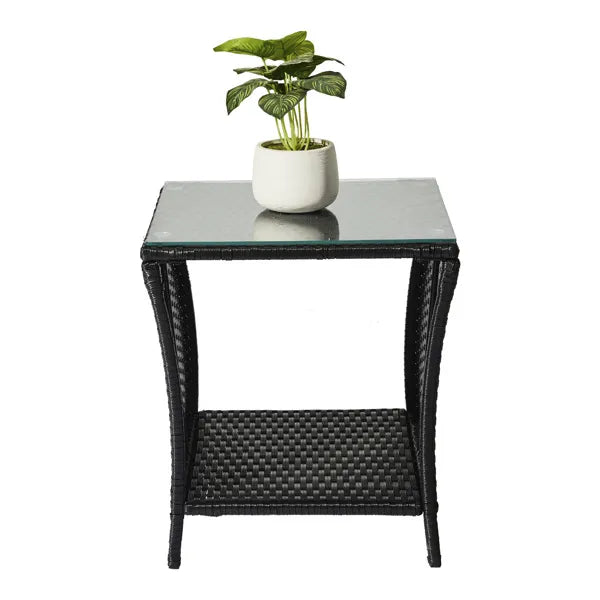 Outdoor Patio Wicker Side Table, Square End Table Bistro Coffee Table With Glass Top Storage Shelf For Porch Garden