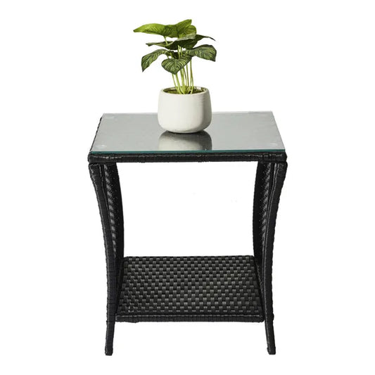 Outdoor Patio Wicker Side Table, Square End Table Bistro Coffee Table With Glass Top Storage Shelf For Porch Garden