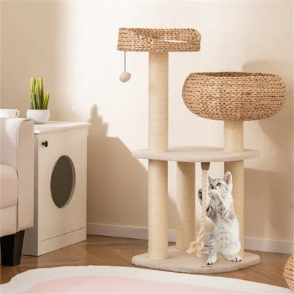 41 Inch Hand-Woven Water Hyacinth Cat Tree, 3 Sisal Scratching Posts Multi-Level Activity Center For Cats-White - view 6
