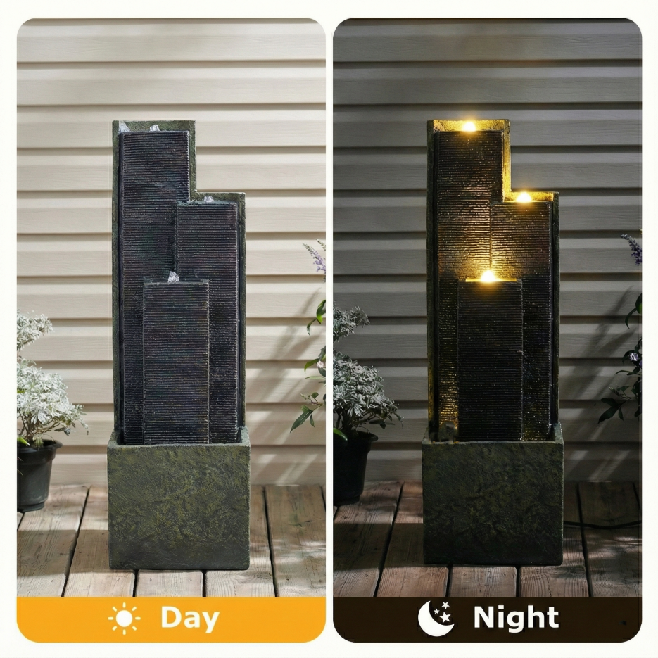 39inch H Outdoor Water Fountain Modern Cascading Freestanding Fountain With LED Lights For Garden Patio Porch Lawn Decor - view 6